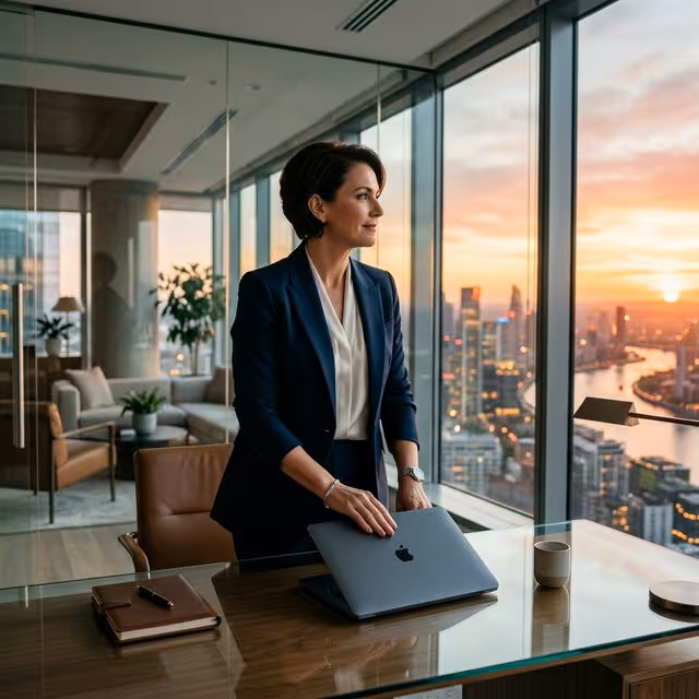CEO cerrando portátil en oficina moderna frente a un atardecer