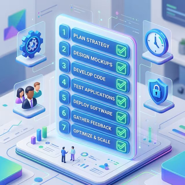 Ilustración 3D de una lista de 7 pasos con checks verdes completados