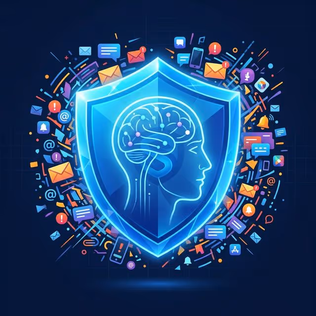 IA defensiva: Escudo azul brillante protegiendo una mente humana de notificaciones