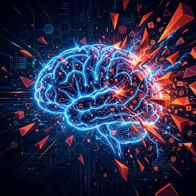 Ilustración futurista de un cerebro humano sufriendo sobrecarga digital